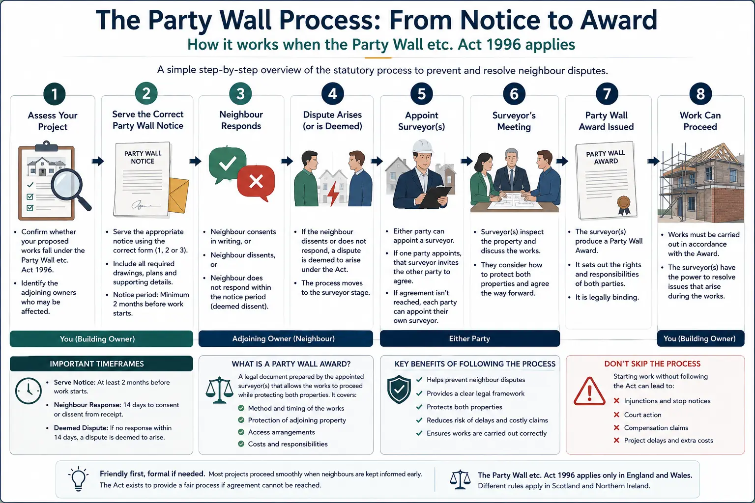 Do I Need a Party Wall Agreement? An infographic showing the party wall process from notice to award in a very interactive way for the citizens living in St albans, UK