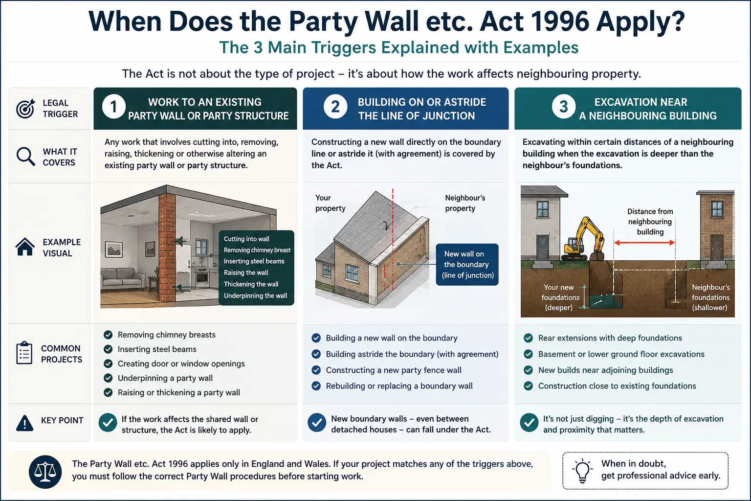 Do I Need a Party Wall Agreement? An infographic showing when does the party wall etc act 1996 apply like excavation, junction, painting, in St albans, UK